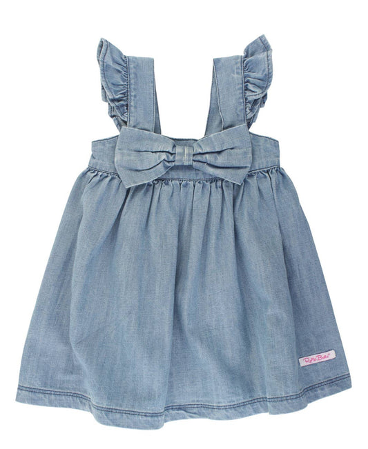 Girls | Light Wash Flutter Bow Woven Dress