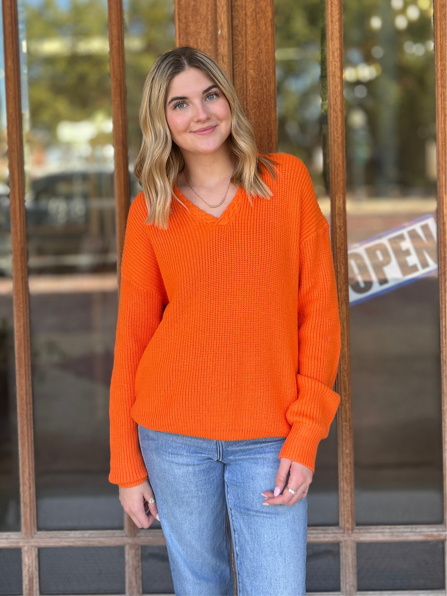 Tops | Sweater V-Neck Long Sleeve Pullover Orange