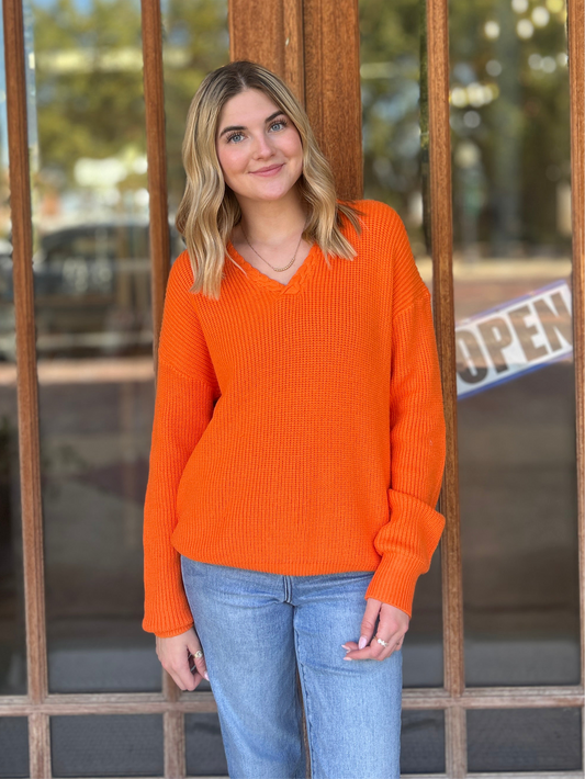 Tops | Sweater V-Neck Long Sleeve Pullover Orange