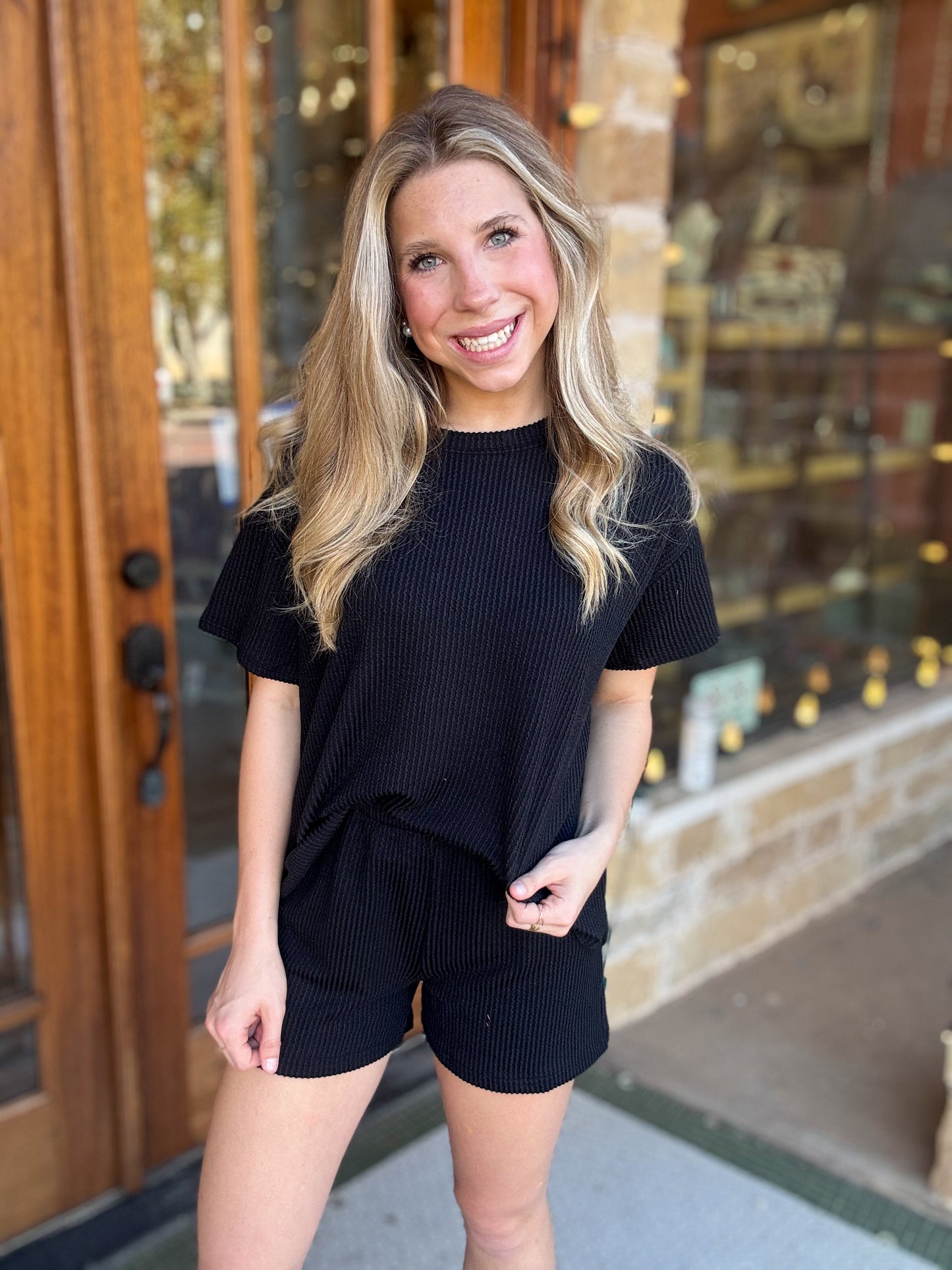 Sets | Black Short Sleeve & Shorts Raised Rib