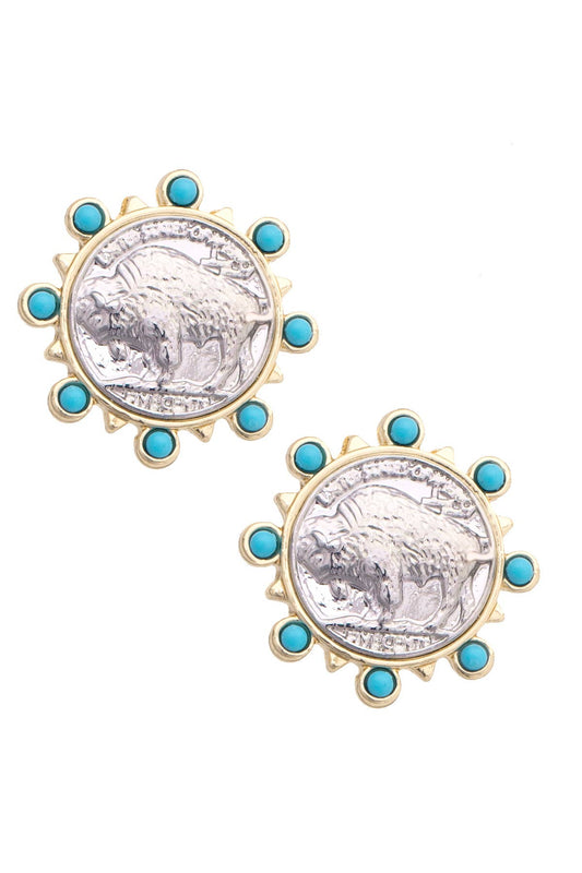 Buffalo Coin Stud Earrings in Silver and Turquoise