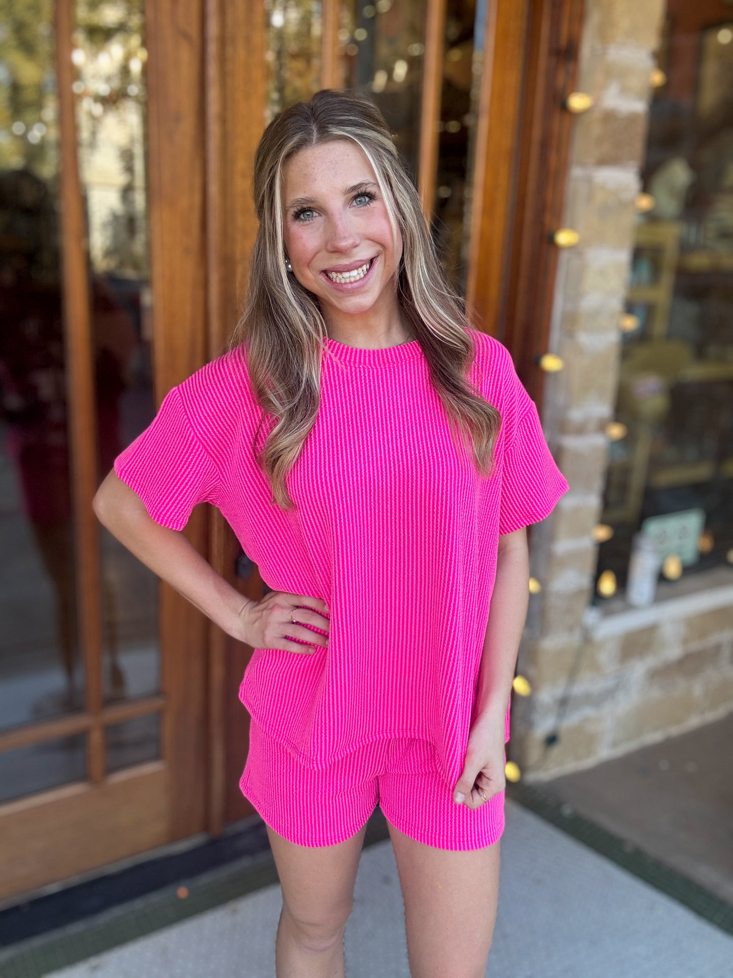 Sets | Neon Pink Short Sleeve & Shorts Raised Ribs