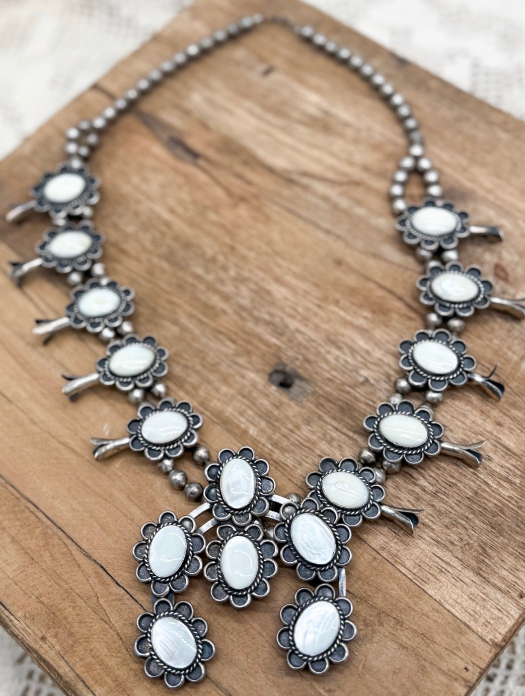 Native American Sterling Sliver Vintage White Pearl Squash Blossom Necklace