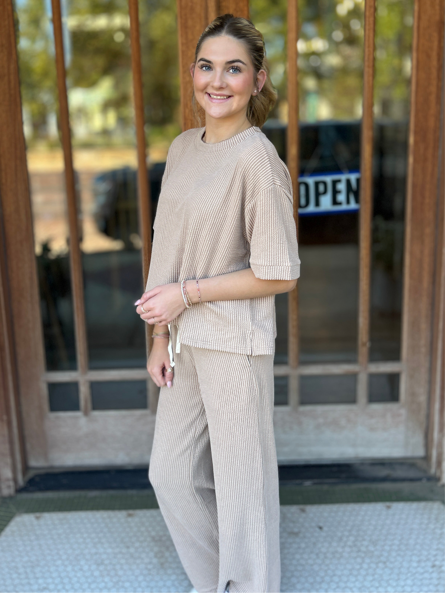 Sets | Light Mocha Raised Rib Short Sleeve Tee & Pants