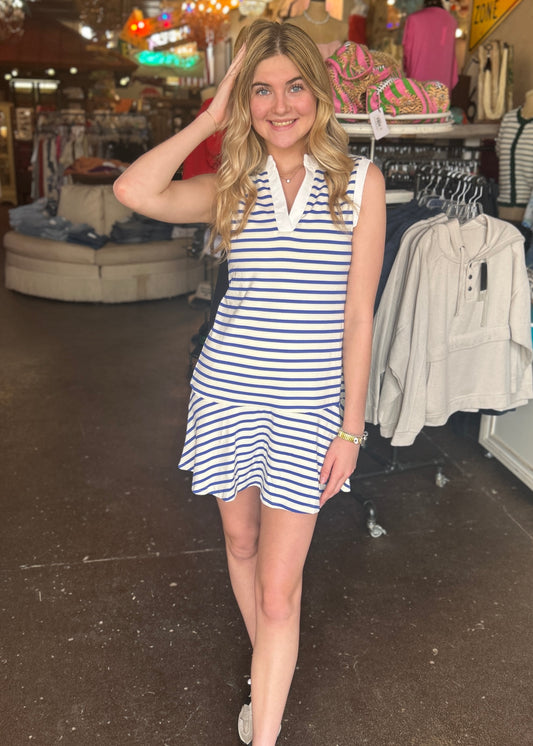 Dress | Blue Sleeveless Knit Striped Dress