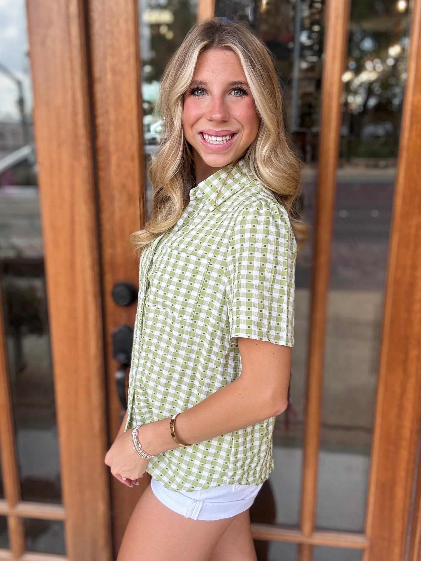 Blouse - Green Gingham Button Down