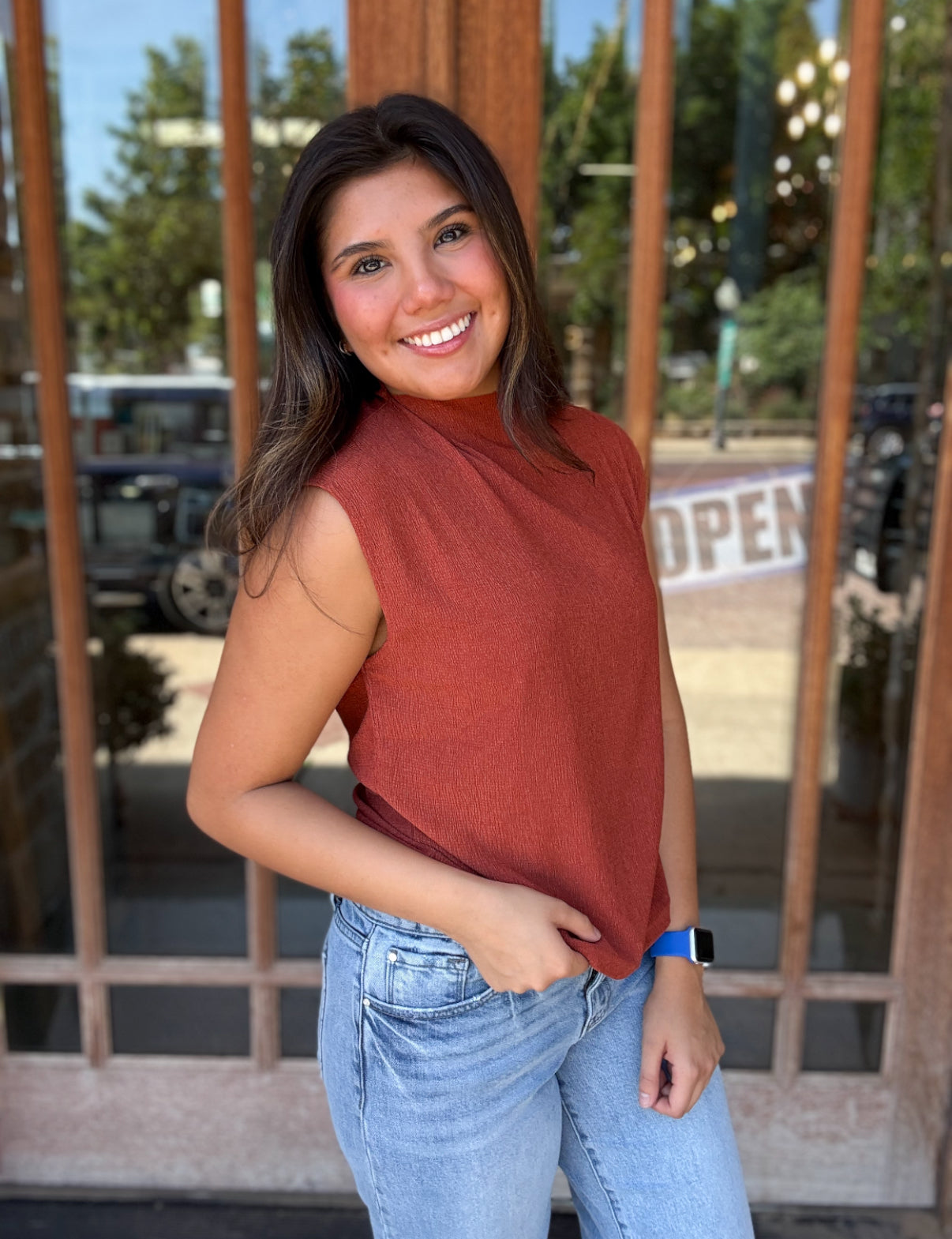 Tops | Blouse Baked Clay Stretchy Crinkled Fabric Sleeveless