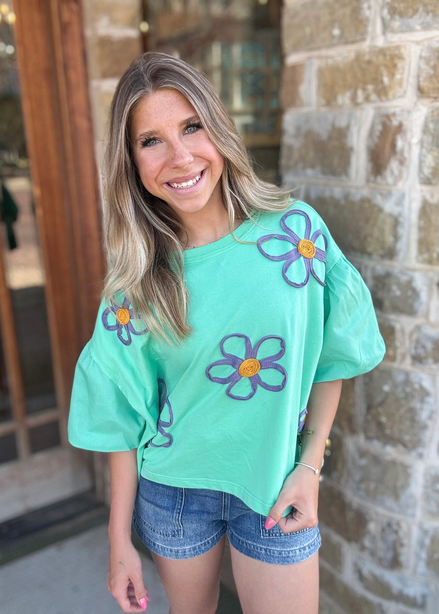 Top | Flower Embroidery Detail Solid Mint Knit Top