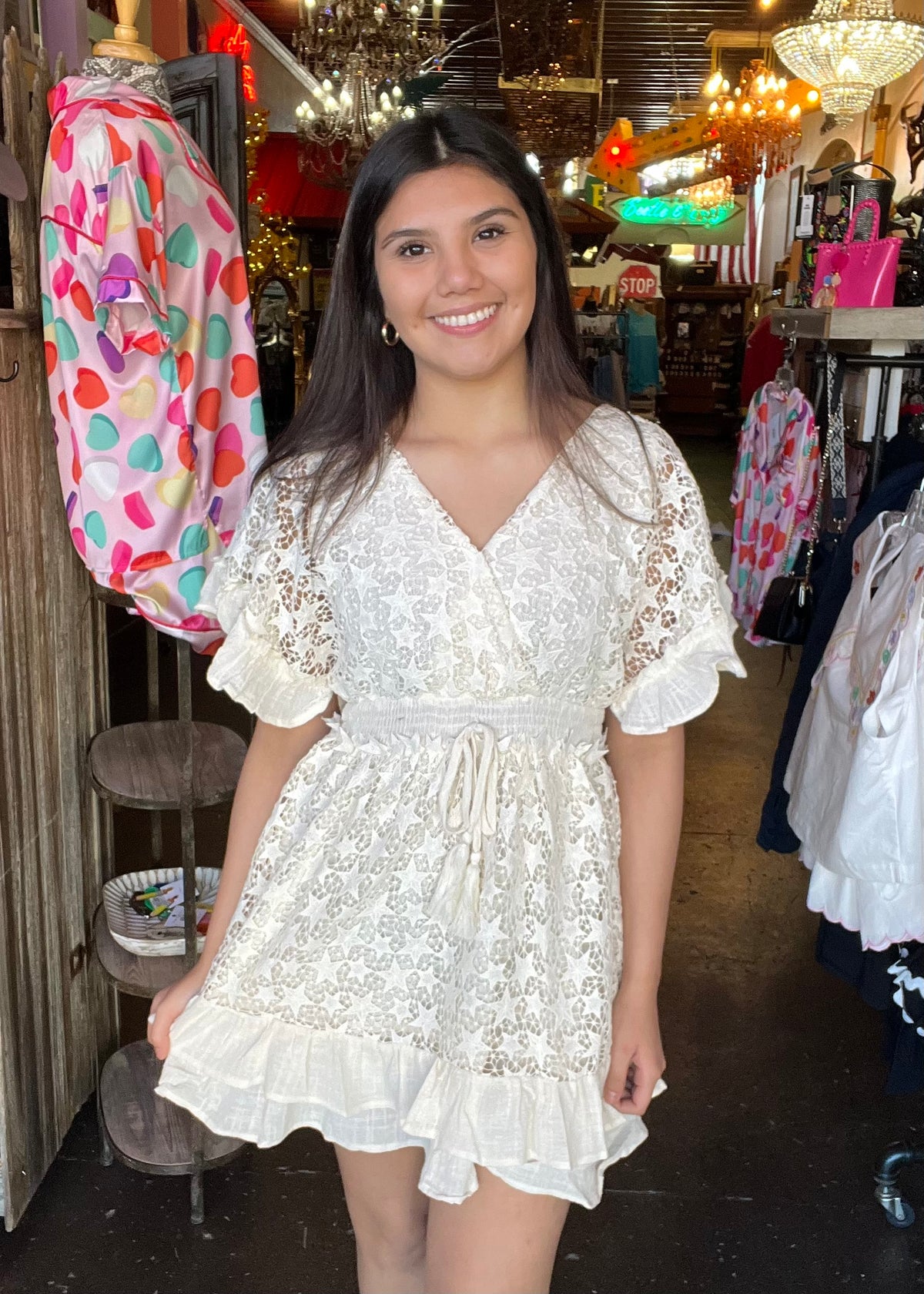 Dress | Cream Crochet Star Dress with Ruffles