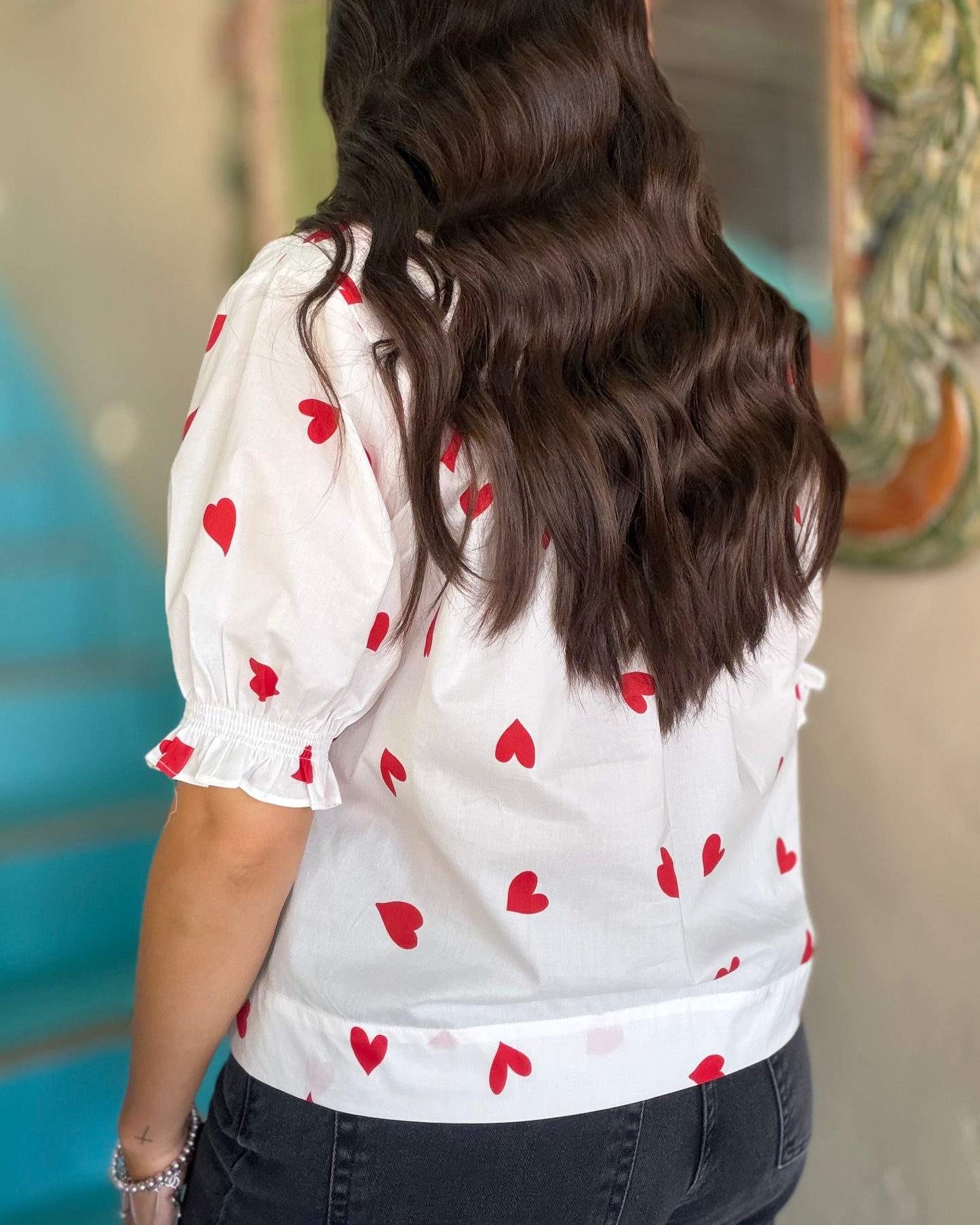 Blouse - Heart Print V-Neck