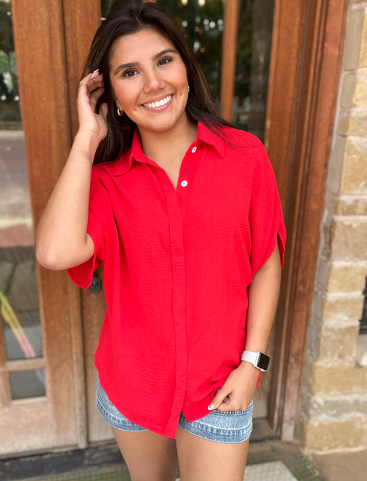 Tops | Blouse  Red Solid Front Open Button Loose Fit