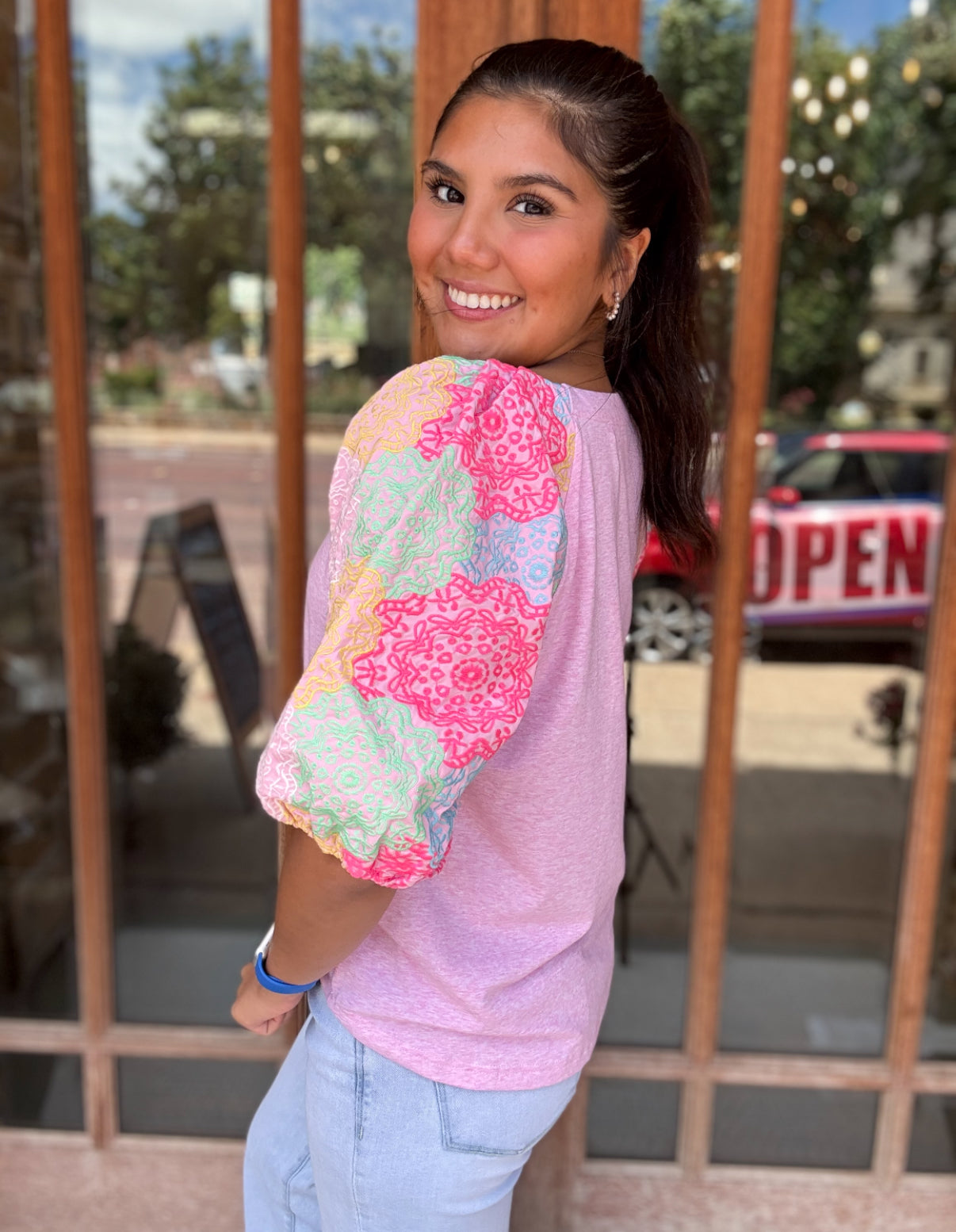 Tops | THML Blouse Embroidered Puff Sleeve