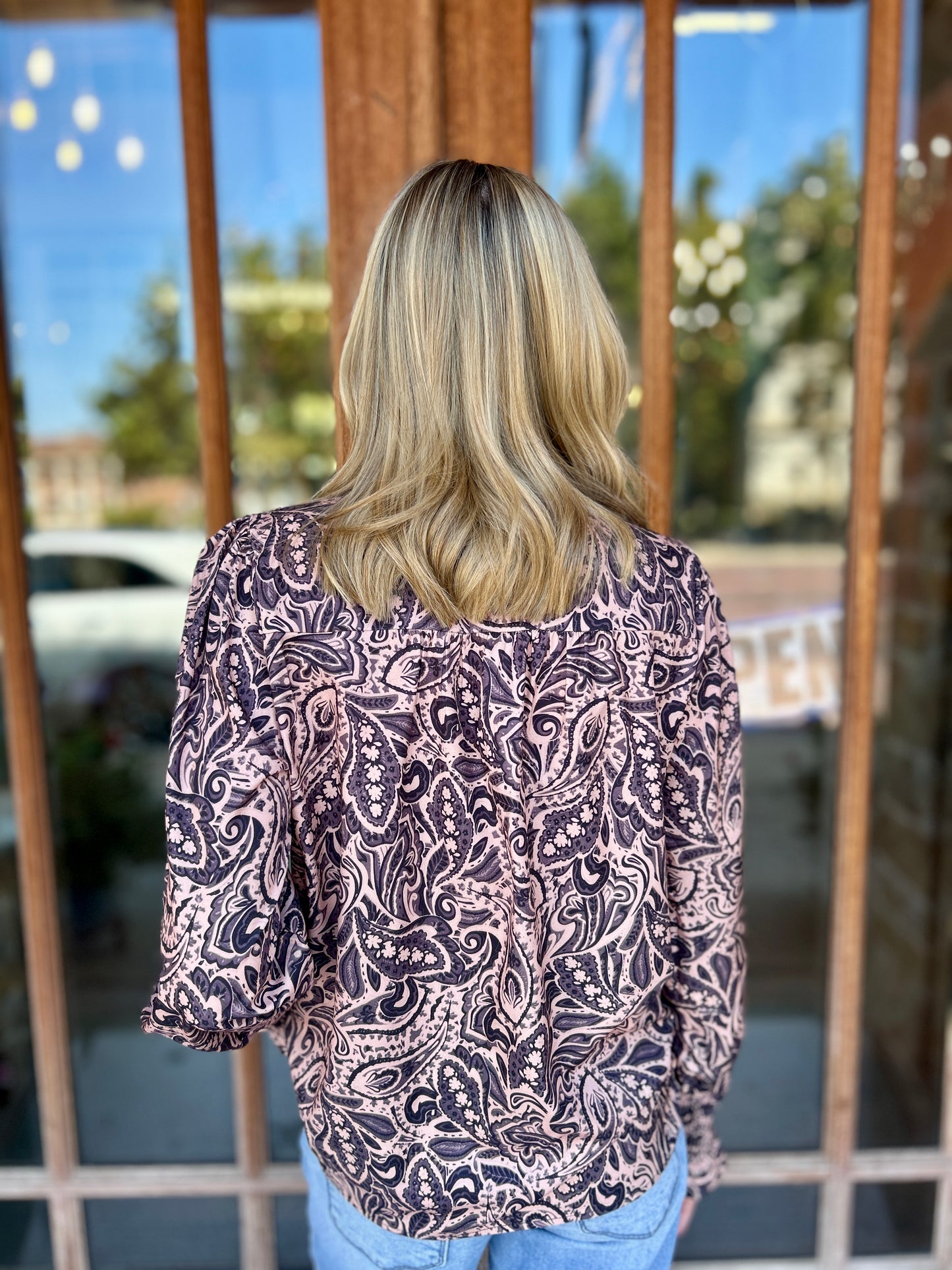 Tops | Blouse Brown Printed Long Sleeve