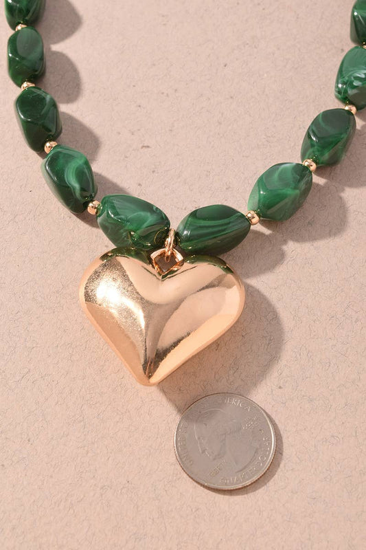 Necklace - Green Marbled Beaded Heart