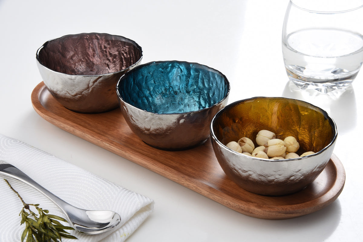 Tabletop | Set of 3 Colored Glass Bowls &amp; Tray