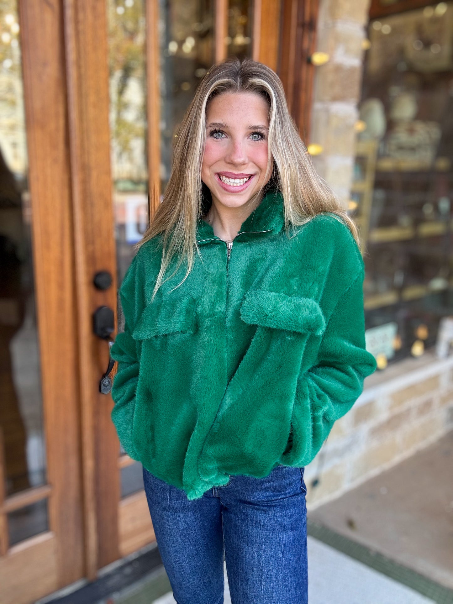 Jacket | Faux Fur Crop Zip-Up Green