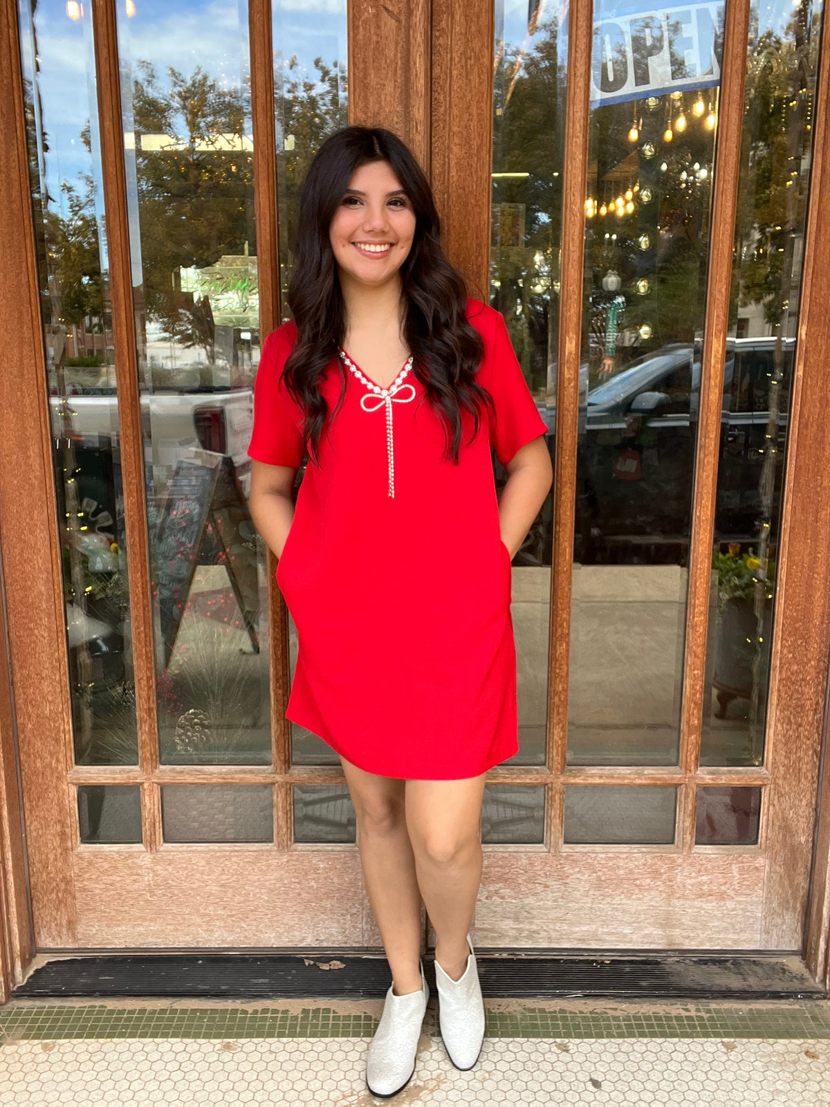 Dress | Red V-Neck Mini Dress with Bow &amp; Neckline Gemstones