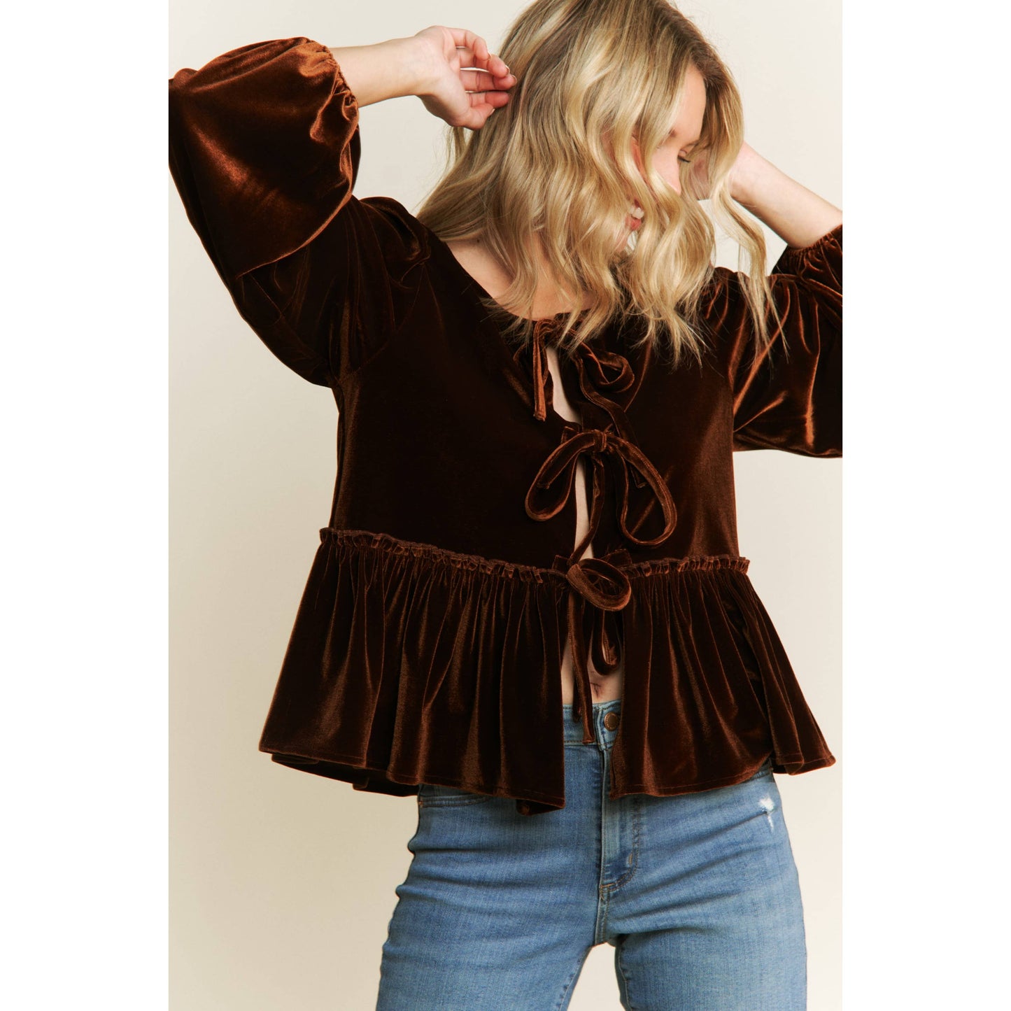 Tops | Blouse Velvet Open Front Babydoll W/Bow Detail