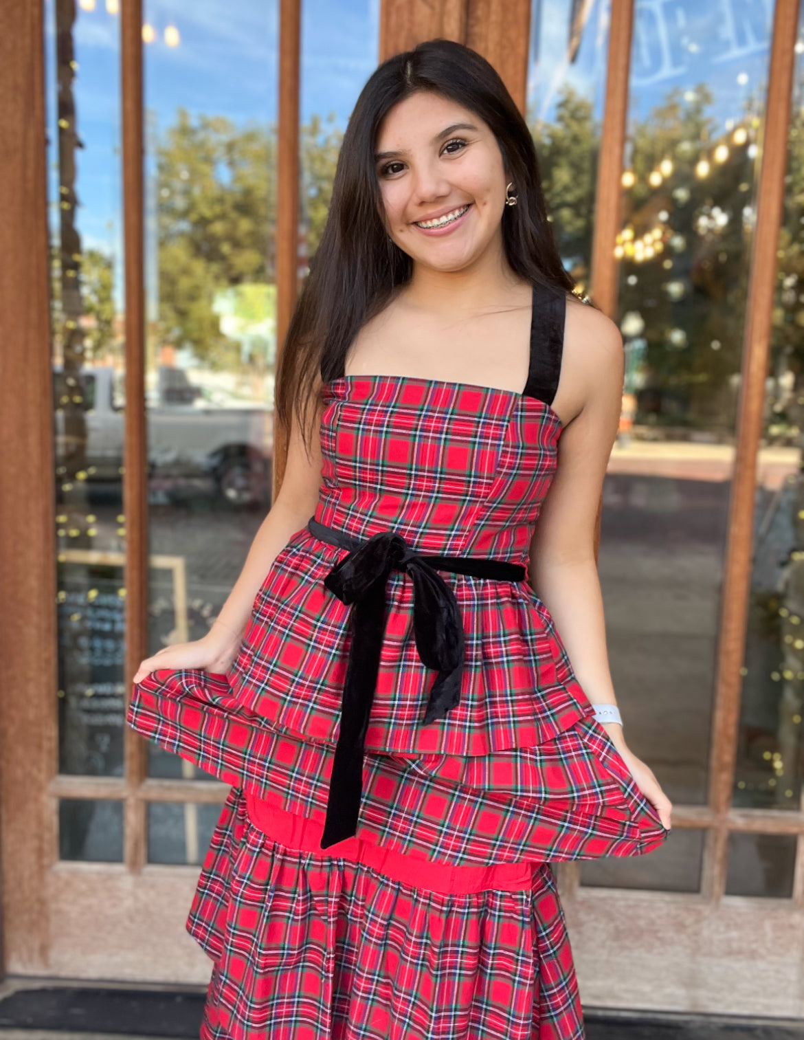 Dress | Green and Red Arvada Plaid Tiered Midi Dress With Black Tie Waist Black Shoulder Straps