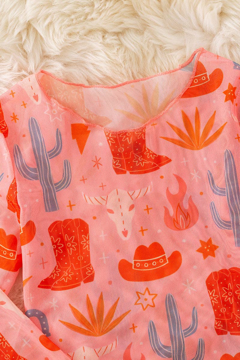 Girls | Orange Western Printed Mesh Long Sleeve