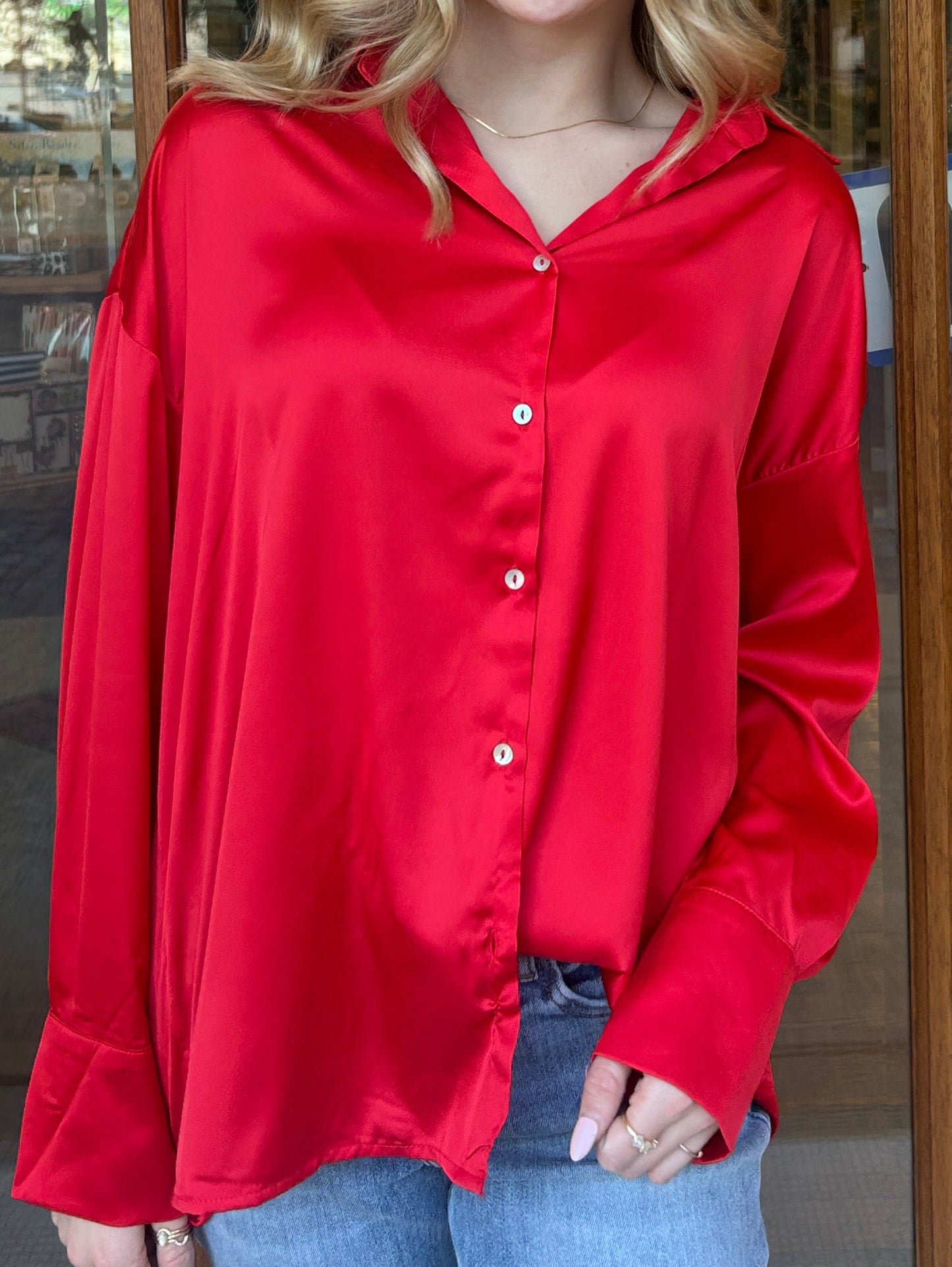 Satin Solid Red Button Down