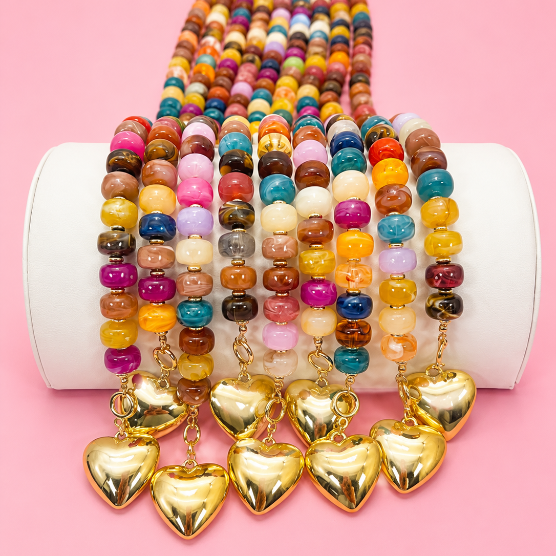 Necklace - Multi Beaded Heart Charm Toggle