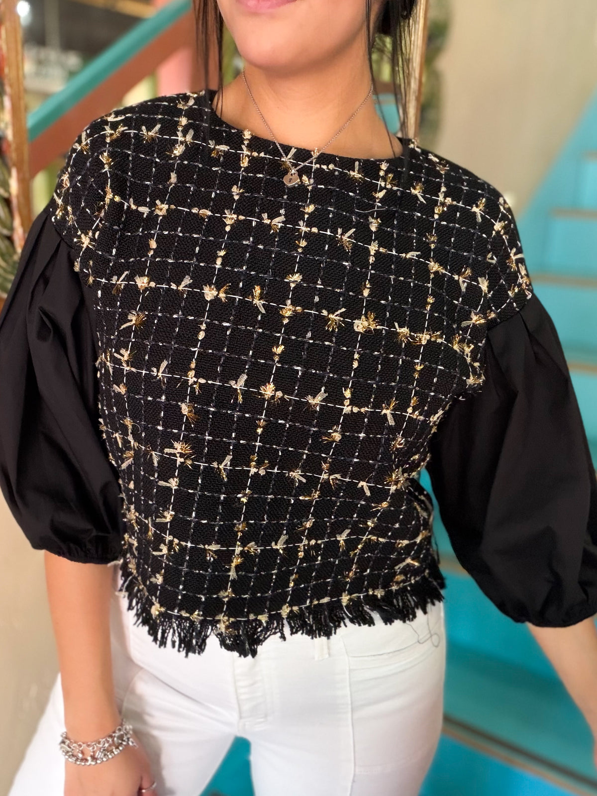 Blouse - THML Tweed Puff Sleeve