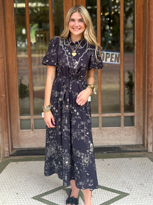 Dress | Midi Navy Paisley Print Button Front Contrast Piping in Top