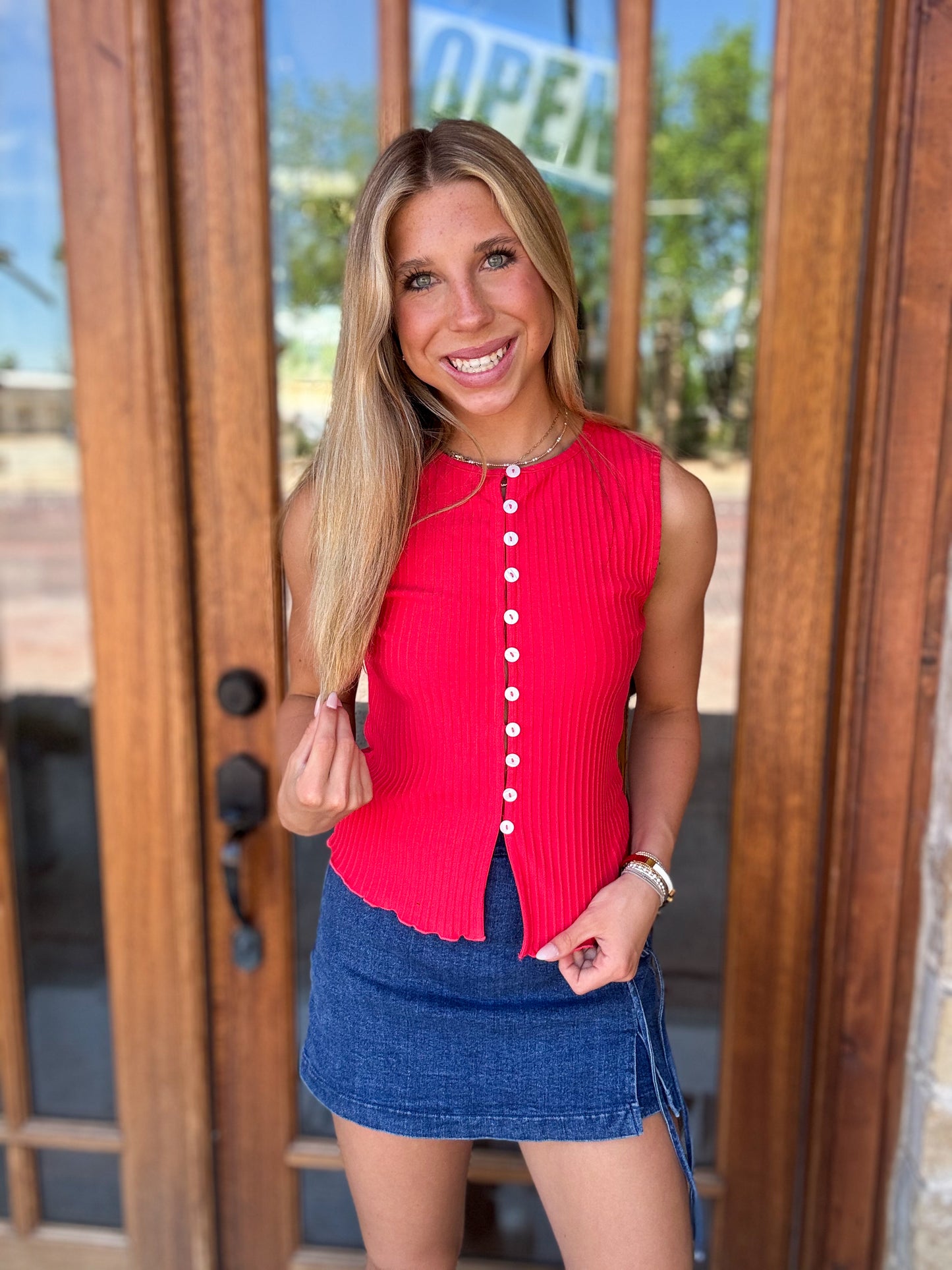 Tank - Cherry Ribbed Button Front