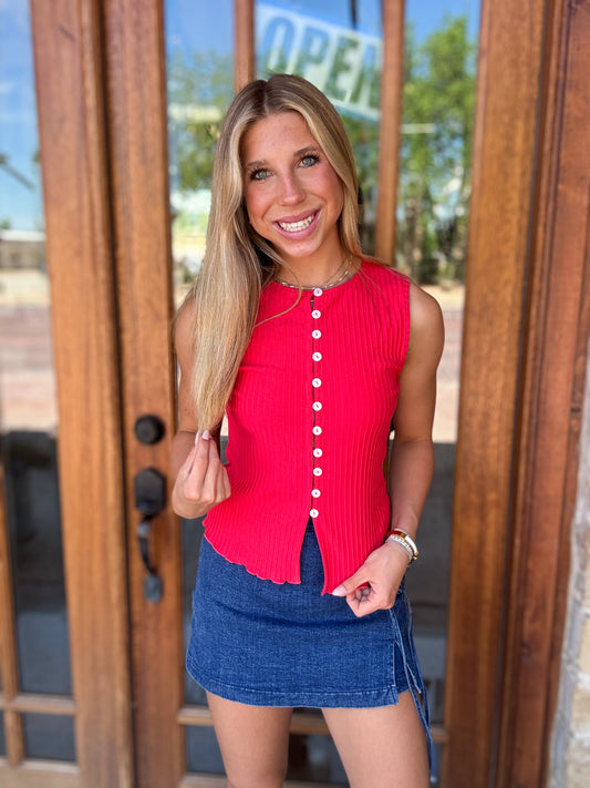 Tank - Cherry Ribbed Button Front