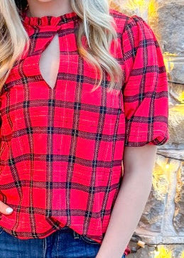 Top | Woodland Red Plaid Split Neck Blouse