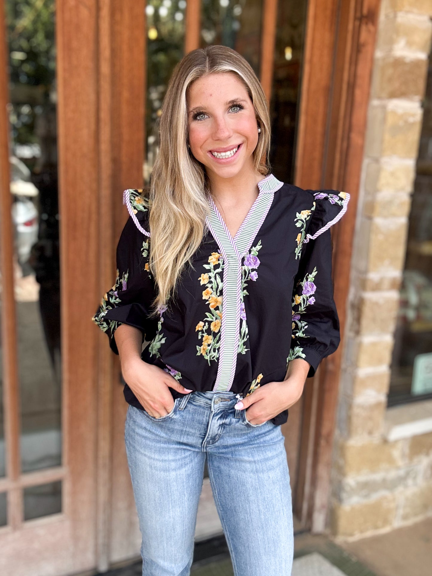 Tops | Black Midnight Garden V-Neck Ruffle Sleeve