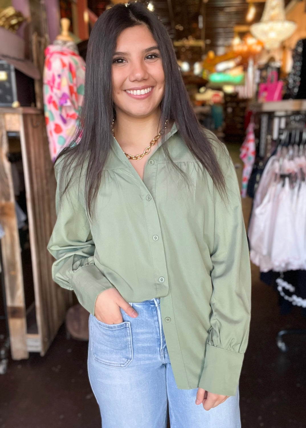 Tops | Green Collared Button Up Long Sleeve Top