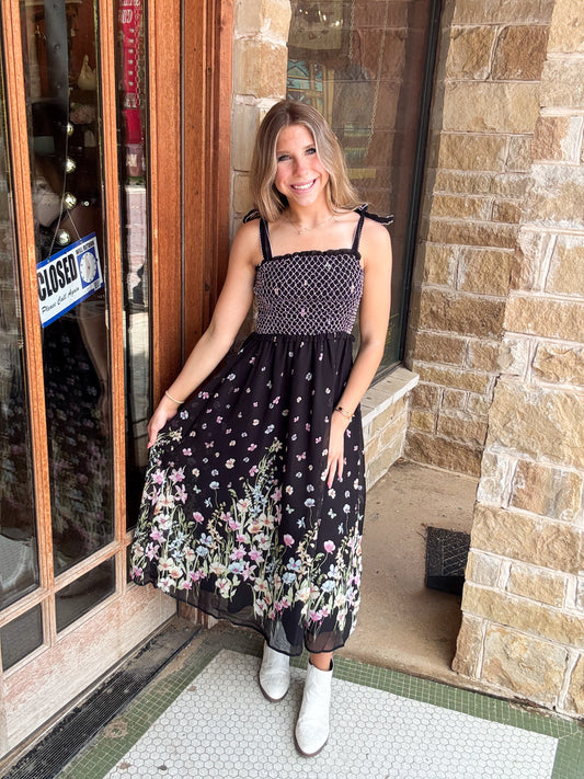 Black Multi Print Smocked Midi Dress