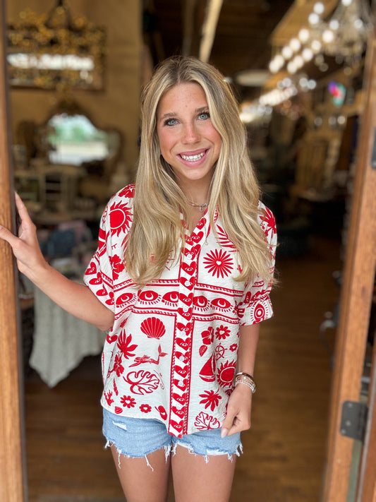 Top - Red Coastal Button Up