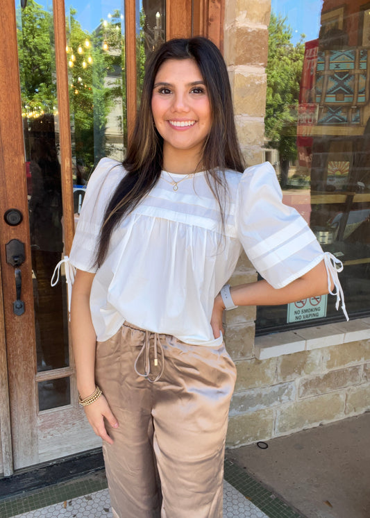 White Pleated Detail Back Keyhole Puff Sleeves Top