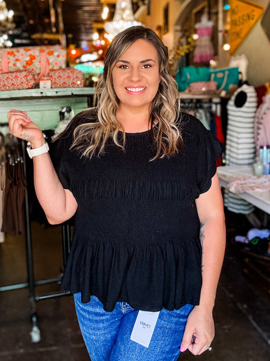 Umgee Blouse - Black Smocked Peplum