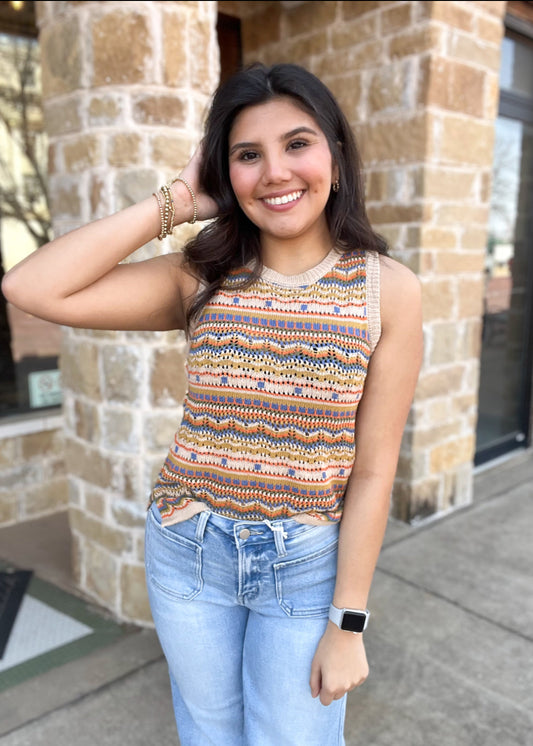 Top | Taupe Multi Color Knit Woven Vest Top