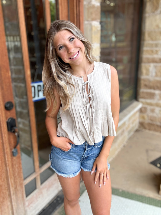 Taupe Front Tie Pleated Cropped Top