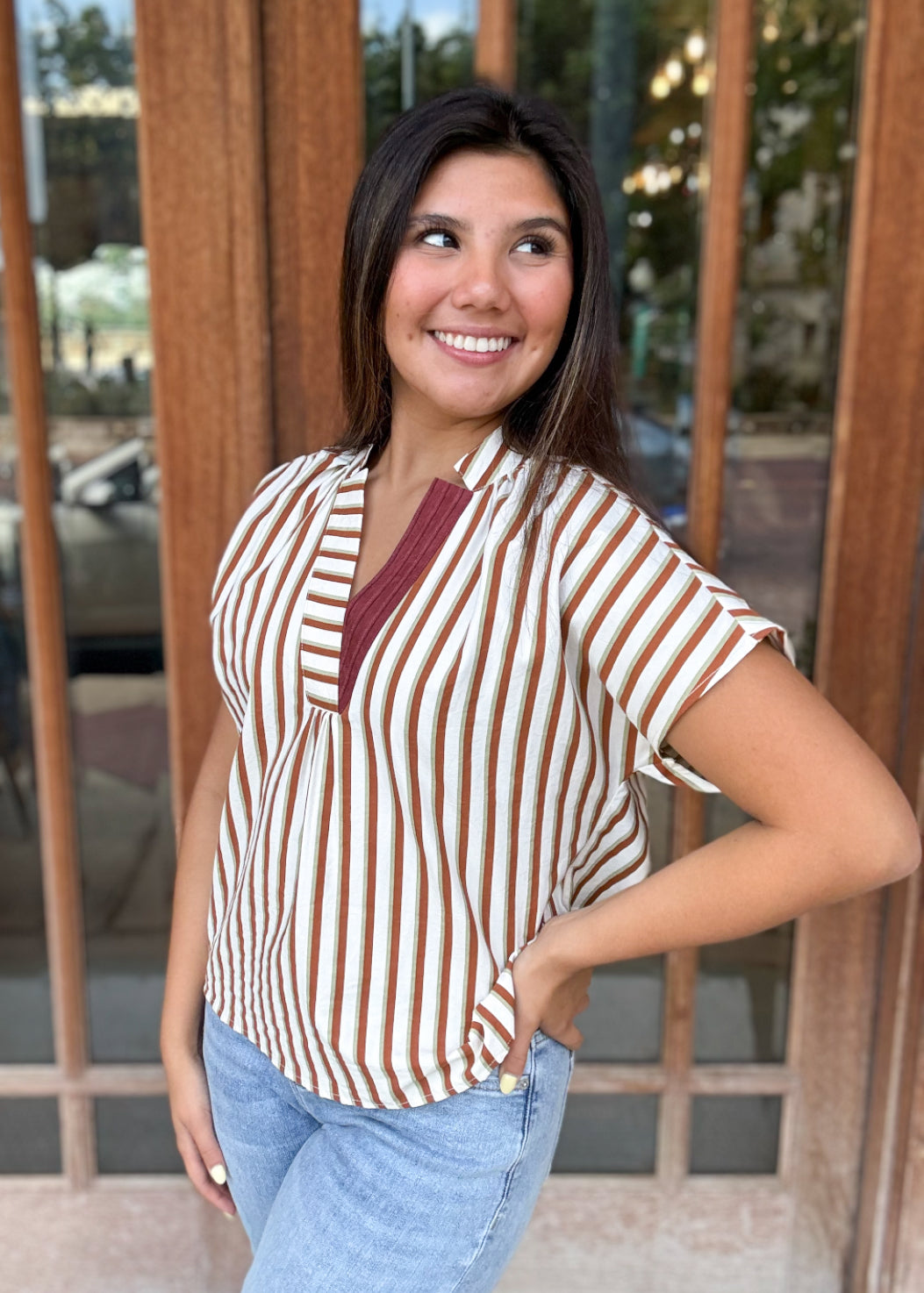 Top | THML Brown Blouse Contrast V-Neck Striped