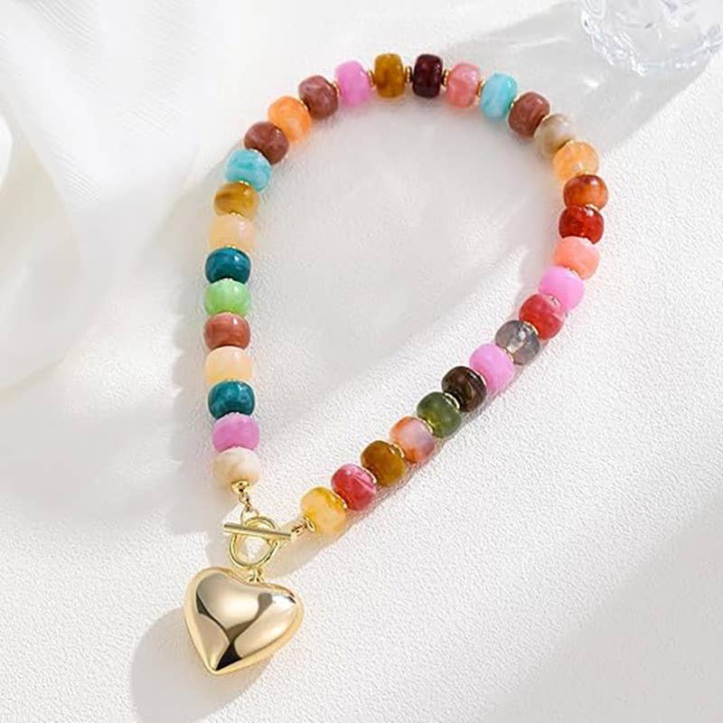 Necklace - Multi Beaded Heart Charm Toggle