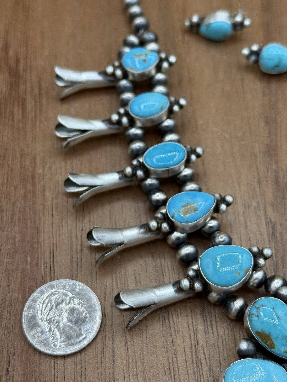 Navajo Handmade Sterling Silver Kingman Turquoise Squash Blossom Necklace 20”