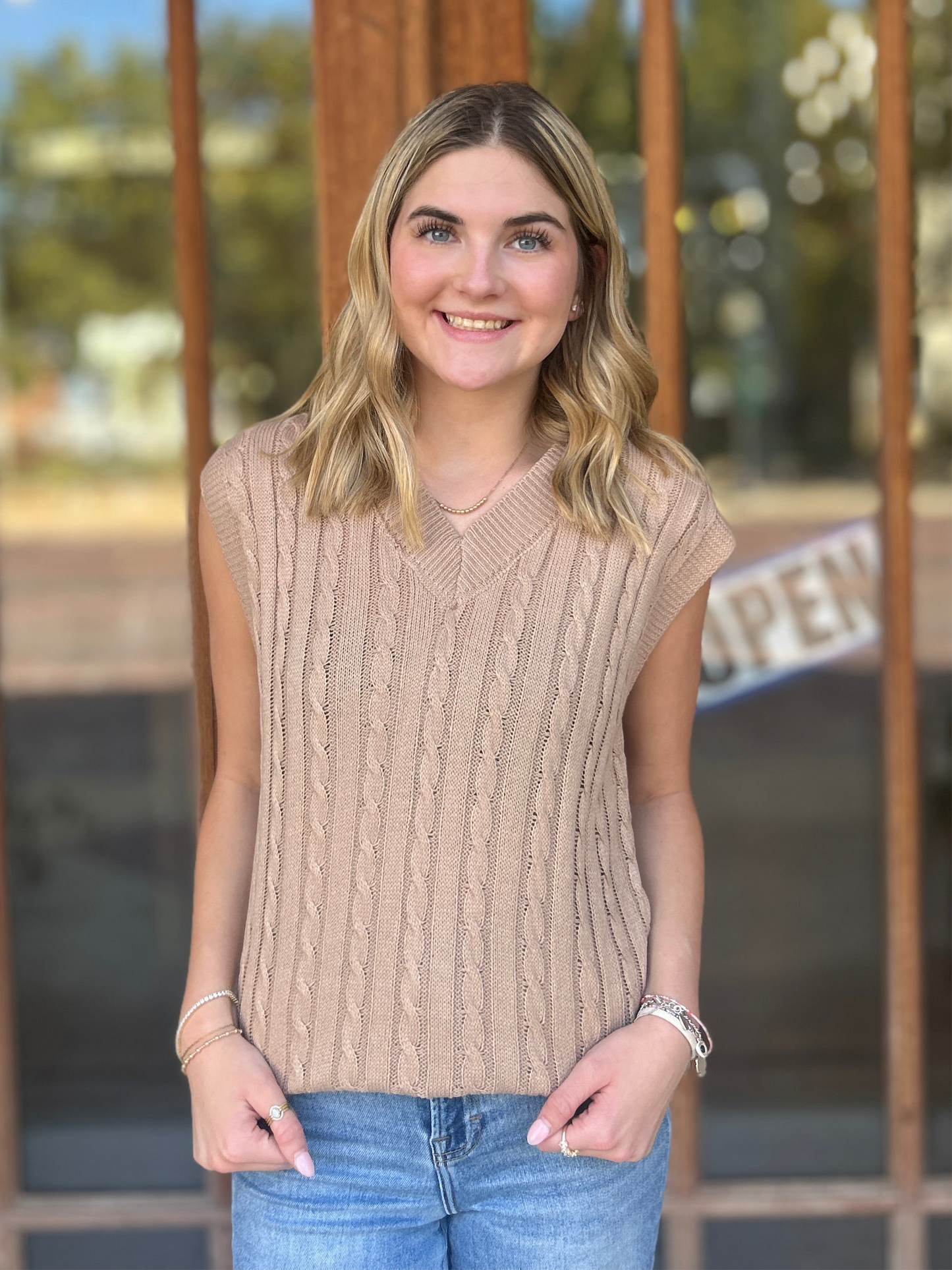Tops | Sweater V-Neck Solid Color Sleeveless Khaki