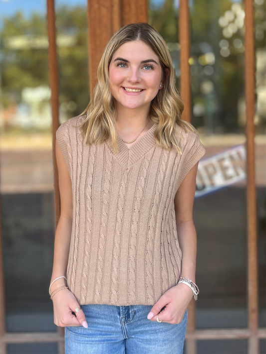 Tops | Sweater V-Neck Solid Color Sleeveless Khaki