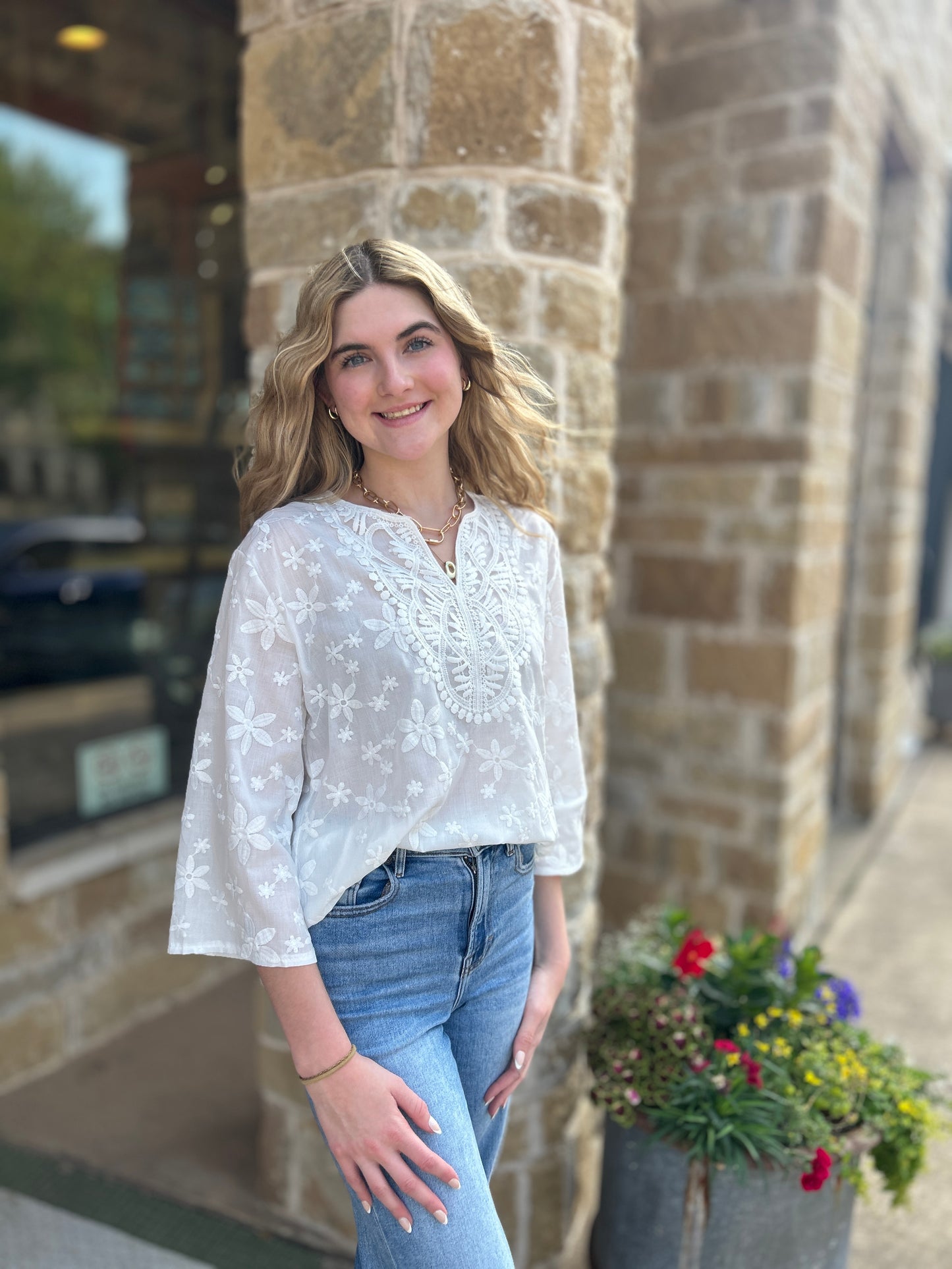 White Embroidered Lace V-Neck Loose Top