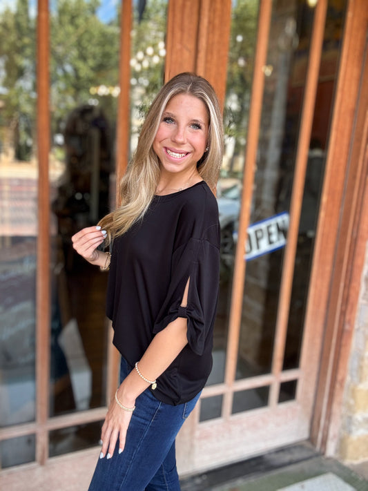 Tops | Blouse Black Tie Accent Sleeve Soft Cupro