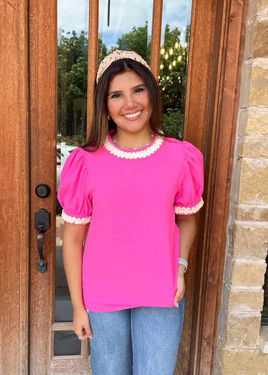 Tops | Blouses Hot Pink W/White Embroidered Trim Puff Sleeve Round Neck