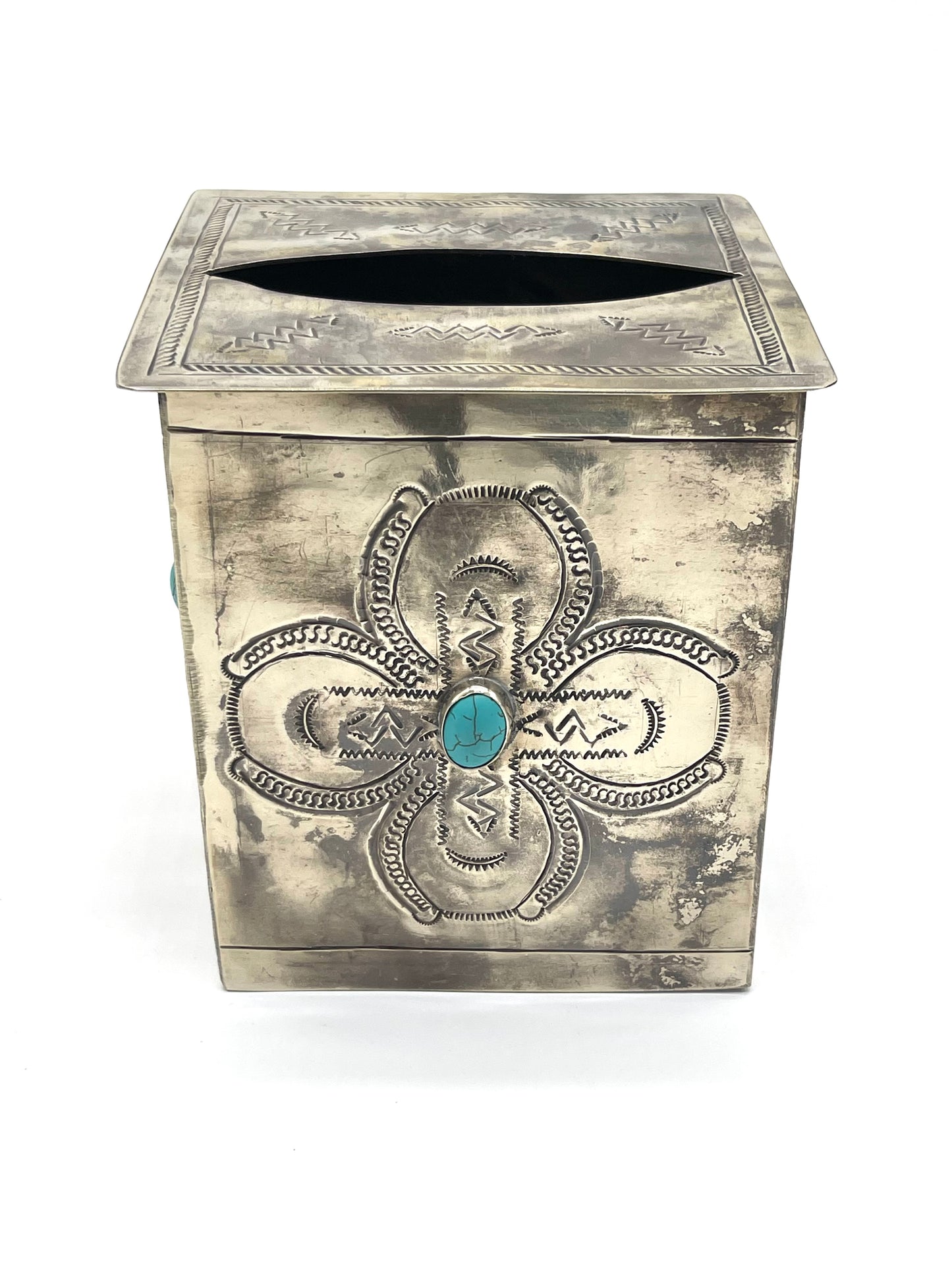 Stamped Tissue Box Cover W/Turquoise