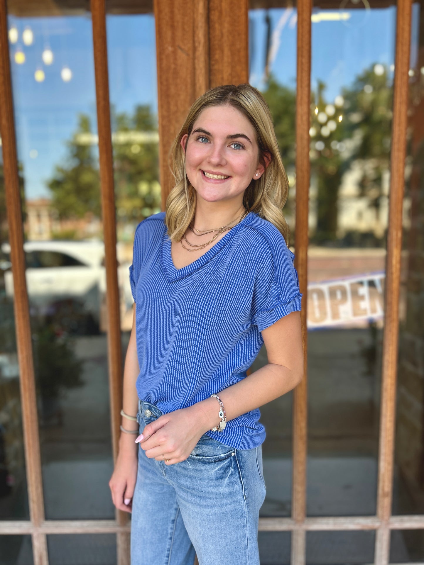 Tops | Blue Ribbed Short Sleeve V-Neck