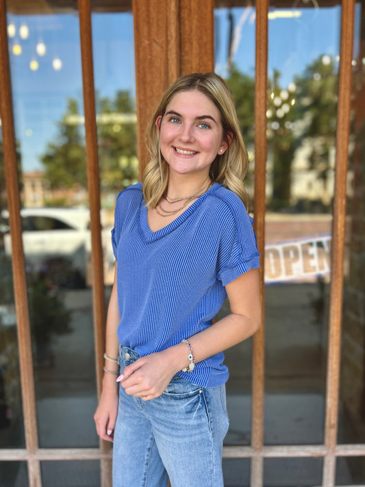 Tops | Blue Ribbed Short Sleeve V-Neck